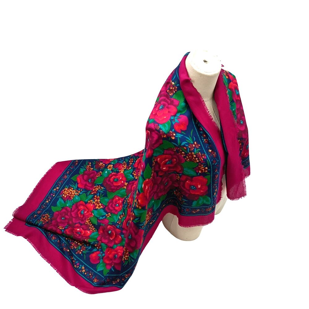 Babushka Floral Square Scarf Shawl 46x46 Navy Blue Fuchsia Red Roses Fringe Folk